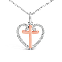 Load image into Gallery viewer, 14K Rose Gold Plated Sterling Silver 1/5 Cttw Diamond Heart Cross Pendant Necklace
