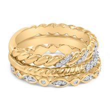 Load image into Gallery viewer, 14K Yellow Gold Plated Sterling Silver 1/4 Cttw Diamond Twist Leaf Stackable Ring Set
