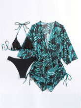 Load image into Gallery viewer, Island Bloom 3-Piece Bikini Set for Women – Tropical Leaf Print Fluttering Swimwear with Flattering Halter Neck Top High Waist Bottoms &amp; Adjustable Drawstring Cover Up – Perfect for Koningsdag Celebrations &amp; Summer Adventures
