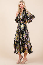 Load image into Gallery viewer, Flower Print Satin Lurex Stripe Smocked Midi Dress For Summer – Elegant and Sparkling Floral Dress with Tiered Design
