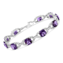 Load image into Gallery viewer, .925 Sterling Silver 7mm Cushion Cut Amethyst Gemstone and Diamond Tennis Link Bracelet (I-J Color, I1-I2 Clarity) - Size 7"
