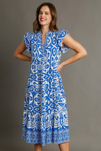 Load image into Gallery viewer, Blue Full Size Two-Tone Print Ruffle Cap Sleeve Midi Dress Plus Size Statement Piece Dress
