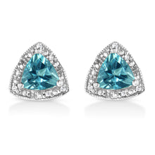 Load image into Gallery viewer, .925 Sterling Silver 6x6 mm Trillion Cut Blue Topaz Gemstone and Diamond Accent Stud Earring (I-J Color, I1-I2 Clarity)

