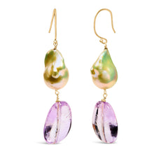 Load image into Gallery viewer, 14K Yellow Gold Amethyst and Baroque Pearl Drop and Dangle Earrings 2" Inch Dangle Length
