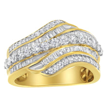 Load image into Gallery viewer, 10K Yellow Gold 1.0 Cttw Baguette and Round Diamond Multi-Row Wave Bypass Ring (I-J Color, I1-I2 Clarity) - Ring Size 7
