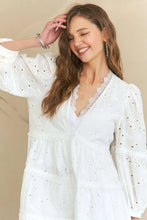Load image into Gallery viewer, Lace Detail Tiered Eyelet V-Neck Babydoll Dress For Women – Feminine Boho Chic Dress, Fluttering, Elegant Lace &amp; Eyelet
