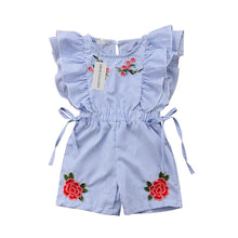 Load image into Gallery viewer, Summer Toddler Baby Girl Romper/ jumpsuit Short Petal Sleeve Elastic Waist Floral Print Striped Blue Lace Dress
