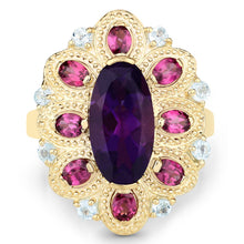 Load image into Gallery viewer, 6.80 Carat Genuine Amethyst, Rhodolite and Blue Topaz .925 Sterling Silver Ring
