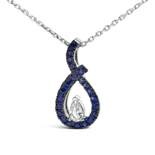 Load image into Gallery viewer, .925 Sterling Silver Created Blue and White Sapphire Teardrop Shaped Pendant Necklace - 18" Inches
