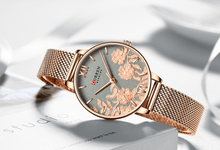 Load image into Gallery viewer, Womens Elegant Waterproof Clock With Decoupage Flower Details In Variant With Leather And Stainless Steel Knitted Belts
