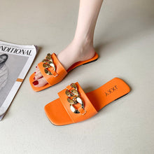 Load image into Gallery viewer, Women Sandals Design Gold Chain Closed Toe Slip On Mules Shoes Flat Heels Square Head Casual Slides Summer Slippers Open Toe Flat Sandals Metal Chain PU Leather Slides Shoes
