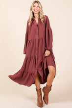 Load image into Gallery viewer, Tiered Button Down Long Sleeve Midi Dress For Women – Button Down Midi Dress, Long Sleeve Tiered Dress, Feminine Midi Dress, Button Front Dress, Elegant Long Sleeve Dress
