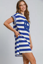 Load image into Gallery viewer, Peace Applique Striped Short Sleeve Mini Dress – Fun Peace Sign Detail, Striped Pattern, High-Low Design for a Trendy and Versatile Look
