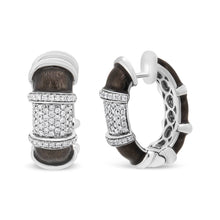 Load image into Gallery viewer, 18K White Gold Flash Plated .925 Sterling Silver Clear Graphite Grey Enamel 5/8 Cttw Round Diamonds Huggie Hoop Earrings (F-G Color, VS1-VS2 Clarity)
