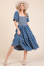 Load image into Gallery viewer, New Floral Embroidered Smocked Puff Sleeve Tiered Midi Dress For Women – Elegant, Romantic, Feminine, and Stylish Midi Dress with Floral Embroidery
