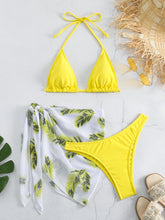 Load image into Gallery viewer, Feather Luxe 3-Piece Bikini Set – Exotic Feather Print Halter Neck Backless Swimsuit with High Cut Tie Back Bottoms and Wrap Cover-Up – Women’s High-Stretch Comfortable Swimwear for Summer Beach &amp; Pool Vacations
