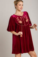 Load image into Gallery viewer, Embroidered Half Sleeve Velvet Mini Dress with Tassel For Women – Luxurious Velvet Dress, Embroidered Tassel Mini Dress, Elegant Party Dress
