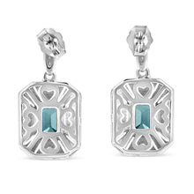 Load image into Gallery viewer, .925 Sterling Silver 7x5MM Emerald Shape Blue Topaz and Diamond Accent Art Deco Halo Style Drop and Dangle Earrings (I-J Color, I1-I2 Clarity)
