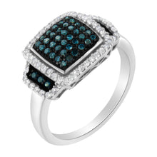 Load image into Gallery viewer, Black Rhodium Plated .925 Sterling Silver 1/2 Cttw White &amp; Blue Diamond Square Halo Cocktail Ring (Fancy Blue &amp; H-I Color, I2-I3 Clarity) - SIze 6
