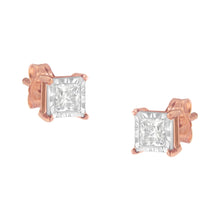 Load image into Gallery viewer, 14K Rose Gold Plated Two-Tone .925 Sterling Silver 1/2 Cttw Princess-Cut Square Near Colorless Diamond Solitaire Miracle-Plate Stud Earrings (J-K Color, I2-I3 Clarity)
