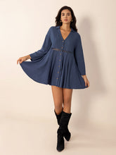 Load image into Gallery viewer, Dusty Blue Long Sleeve Mini Dress Elegant Cutout &amp; Buttoned Design Lightweight Women Dress
