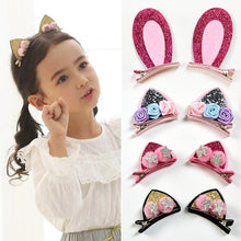 Load image into Gallery viewer, 2pcs/Set Cute Hair Clips For Girls Glitter Rainbow Felt Fabric Flowers Hairpins Cat Ears Bunny Barrettes Kids Hair Accessories for Halloween Parties Cosplay for Girls
