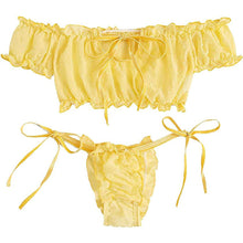 Load image into Gallery viewer, 2PCS/Set Off Shoulder Lace Up Bikinis Women Sweet Women's Bathing Suit Two Piece Strap Swimsuit Swimwear Bikini Beachwear Set Casual Short Sleeve Suits Swimsuits Beachwear Bathing Suits
