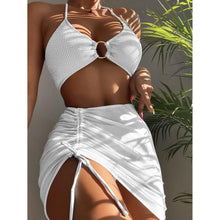 Load image into Gallery viewer, 3-Pack: Textured Ring Linked Halter Bikini Swimsuit &amp; Beach Skirt
