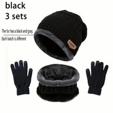 Load image into Gallery viewer, 3-Piece Set: Black Knit Hats Warm Beanies Winter Neck Gaiter Elastic Gloves
