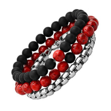 Load image into Gallery viewer, 3-Piece Set: Men's Black Lava, Red Agate And Round Box Link Bracelets
