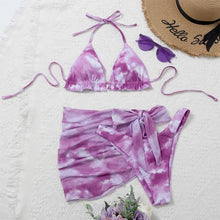 Load image into Gallery viewer, 3 Piece Women Bikini Modern Swimsuit Women High Cut  Suit Halter Swimwear Women's Bikini Swimsuits With Wrap Skirt Lace Up Pieces Strings High Cut Bikini Set Bathing Suits Female Triangle Backless Bathing Suit
