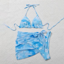 Load image into Gallery viewer, 3 Piece Women Bikini Modern Swimsuit Women High Cut  Suit Halter Swimwear Women's Bikini Swimsuits With Wrap Skirt Lace Up Pieces Strings High Cut Bikini Set Bathing Suits Female Triangle Backless Bathing Suit
