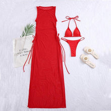 Load image into Gallery viewer, 3 Pieces Set High Neck Swimwear Female Swimsuit Cover-Ups For Women Skirts Bikini Halter Triangle Bathing Suit Maxi Dress Bikini Cover Up
