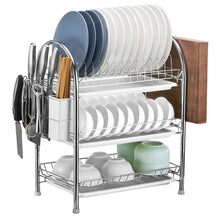 Load image into Gallery viewer, 3-Tier Dish Drying Rack Shelf with 3 Drain Trays Chopping Board
