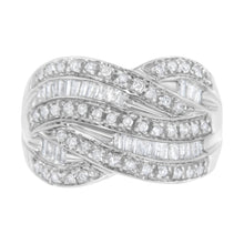 Load image into Gallery viewer, .925 Sterling Silver 1.0 Cttw Channel Set Alternating Round and Baguette Diamond Cross-over Bypass Ring Band (I-J Color, I2-I3 Clarity) - Size 7
