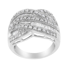 Load image into Gallery viewer, .925 Sterling Silver 1.0 Cttw Channel Set Alternating Round and Baguette Diamond Cross-over Bypass Ring Band (I-J Color, I2-I3 Clarity) - Size 7
