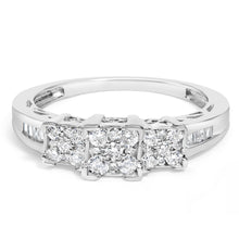Load image into Gallery viewer, 10K White Gold 1/2 Cttw Brilliant &amp; Baguette Cut Diamond 3 Stone Design with 3 Square Clusters Engagement Ring (H-I Color, SI2-I1 Clarity) - Size 6-3/4
