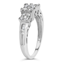 Load image into Gallery viewer, 10K White Gold 1/2 Cttw Brilliant &amp; Baguette Cut Diamond 3 Stone Design with 3 Square Clusters Engagement Ring (H-I Color, SI2-I1 Clarity) - Size 6-3/4
