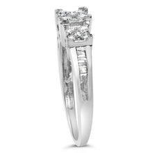 Load image into Gallery viewer, 10K White Gold 1/2 Cttw Brilliant &amp; Baguette Cut Diamond 3 Stone Design with 3 Square Clusters Engagement Ring (H-I Color, SI2-I1 Clarity) - Size 6-3/4
