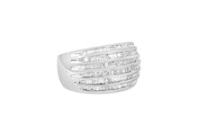 Load image into Gallery viewer, .925 Sterling Silver 1.0 Cttw Baguette-Cut Diamond 6-Row Channel Set Domed Tapered Cocktail Fashion Ring (H-I Color, I2-I3 Clarity) - Size 6-1/2

