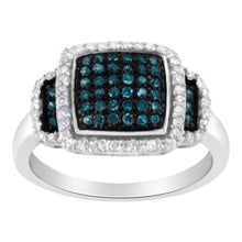 Load image into Gallery viewer, Black Rhodium Plated .925 Sterling Silver 1/2 Cttw White &amp; Blue Diamond Square Halo Cocktail Ring (Fancy Blue &amp; H-I Color, I2-I3 Clarity) - SIze 6

