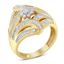 Load image into Gallery viewer, 10K Yellow Gold Flashed .925 Sterling Silver 1-1/8 Cttw Round &amp; Baguette Diamond 'Flower &amp; Fern' Cluster Cocktail Fashion Ring (I-J Color, I2-I3 Clarity) - Size 6
