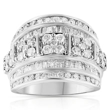 Load image into Gallery viewer, .925 Sterling Silver 2.0 Cttw Round &amp; Baguette Cut Diamond Multi-Row Channel Set Tapered Cocktail Fashion Ring (I-J Color, I3 Clarity) - Size 7
