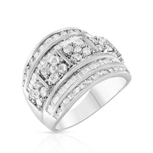 Load image into Gallery viewer, .925 Sterling Silver 2.0 Cttw Round &amp; Baguette Cut Diamond Multi-Row Channel Set Tapered Cocktail Fashion Ring (I-J Color, I3 Clarity) - Size 7
