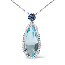 Load image into Gallery viewer, 18K White Gold 3/8 Cttw Pave Set Diamond and Sky Blue Topaz and Blue Sapphire Gemstone Floral Teardrop Halo 18" Pendant Necklace (G-H Color, SI2-I1 Clarity)
