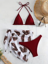 Load image into Gallery viewer, Feather Luxe 3-Piece Bikini Set – Exotic Feather Print Halter Neck Backless Swimsuit with High Cut Tie Back Bottoms and Wrap Cover-Up – Women’s High-Stretch Comfortable Swimwear for Summer Beach &amp; Pool Vacations
