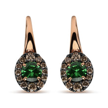 Load image into Gallery viewer, 18K Rose and White Gold 3/8 Cttw Round Brown Diamonds and Round Green Tsavorite Gemstone Halo Drop Hoop Earrings (Brown Color, SI1-SI2 Clarity)
