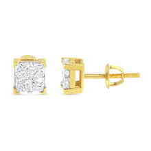 Load image into Gallery viewer, 10K Yellow Gold 3/4 Cttw Invisible Set Princess-Cut Diamond Composite Square Stud Earrings (I-J Color, I2-I3 Clarity)
