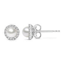 Load image into Gallery viewer, 10K White Gold 4.5mm Cultured Freshwater Pearl and 1/7 Cttw Diamond Halo Stud Earring (I-J Color, I1-I2 Clarity)
