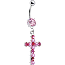 Load image into Gallery viewer, Pink Gem Faux Pearl Cross Belly Ring
